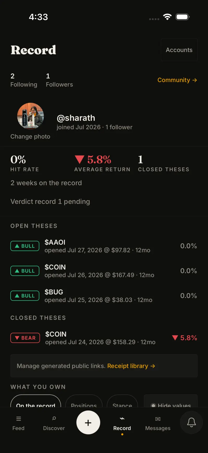 The Record tab: hit rate, average return and closed-thesis counts above open and closed theses with their opening dates and stamped entry prices.